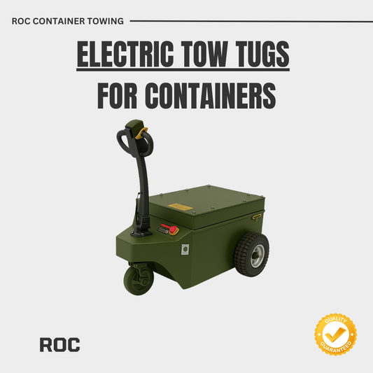 Green electric tow tug for containers with ROC branding on a white background