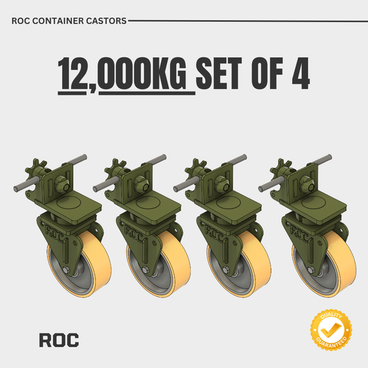 Set of four green ROC container castors with polyurethane wheels on a white background.