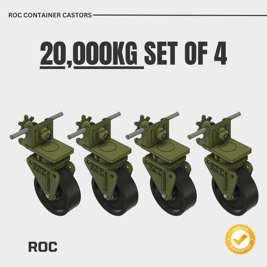 Set of four green ROC container castors with nylon wheels on a white background.