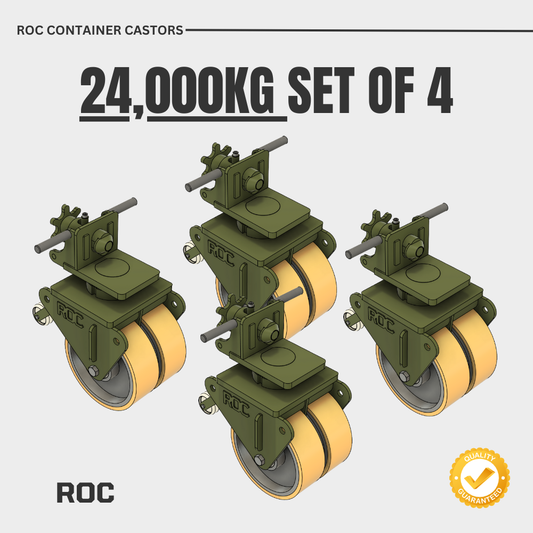 Set of four ROC container castors with polyurethane wheels on a white background.