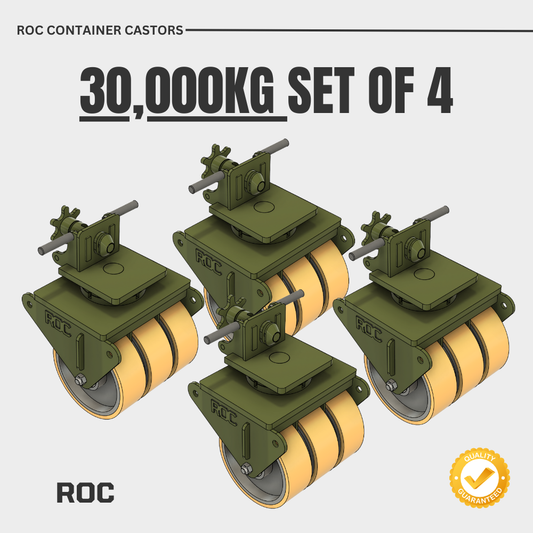 Set of four ROC container castors with green bodies and polyurethane wheels on a white background.