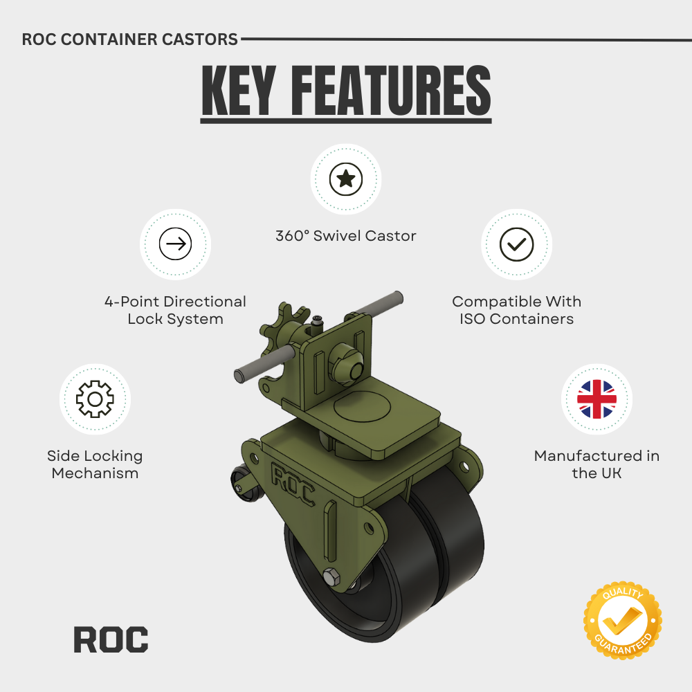 ROC container castor with key features highlighted on a white background