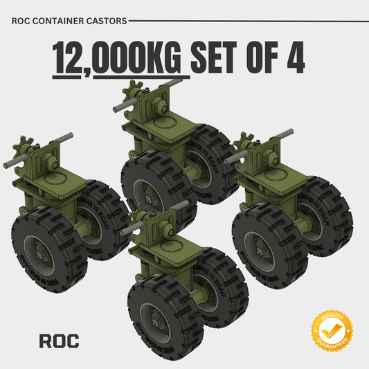 Set of four ROC container castors with green frames and rubber wheels on a white background.