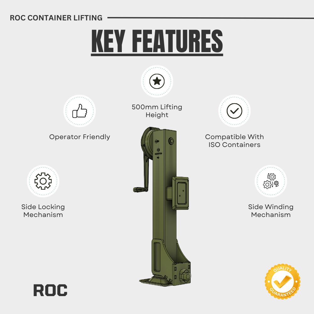 ROC container lifting device with key features on a white background