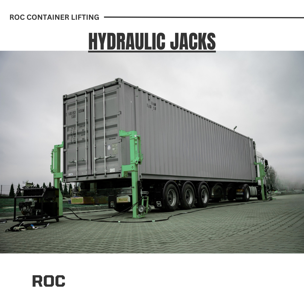 Truck with a large container being lifted by hydraulic jacks.