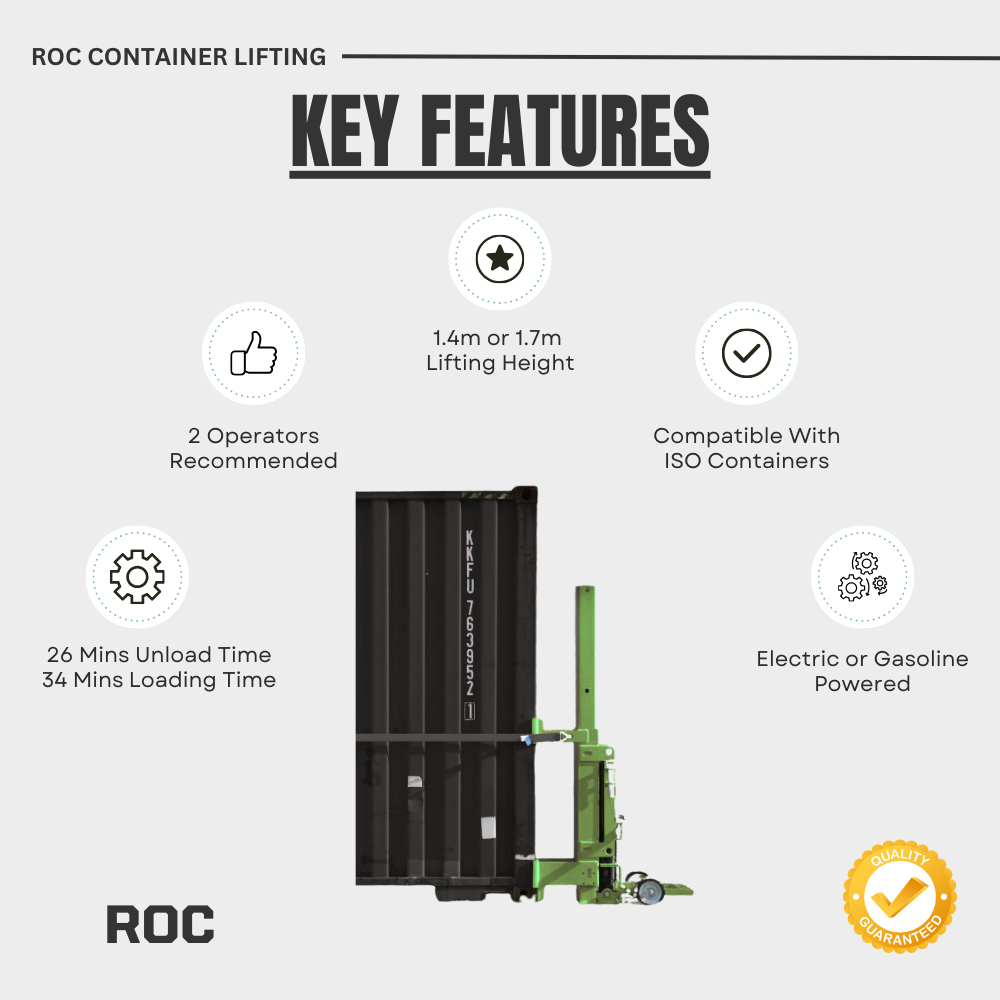 ROC container lifting system with key features on a white background