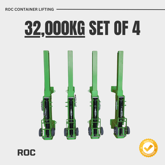 Set of four green ROC container lifting devices with text indicating weight capacity on a white background.