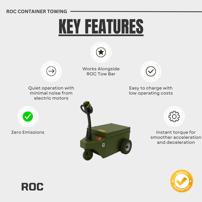 ROC Container Towing key features with a green towing device on a white background