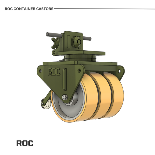 Green ROC container caster with polyurethane wheels on a white background