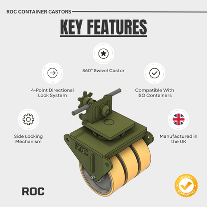 ROC container caster with key features highlighted on a white background
